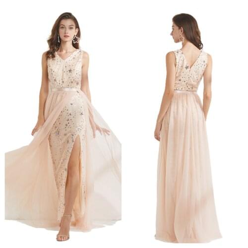 Naked color Beading Prom Dresses Long 2021 V Neck Light High Split Tulle Sweep Train Sleeveless Evening Gown A-Line Backless Ve