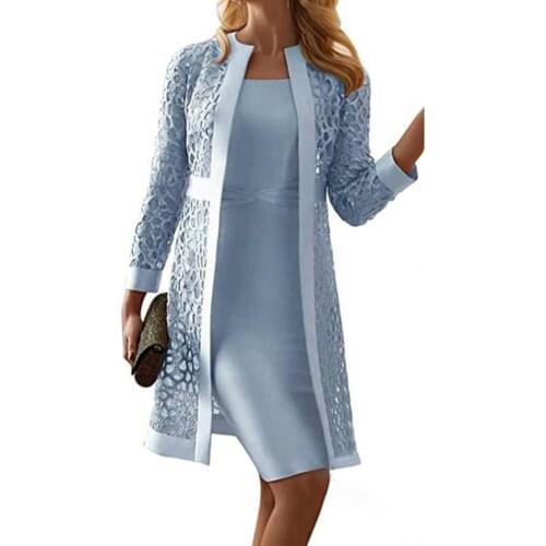 2021 Autumn Women Outfit Solid Color Lace Cardigan Long Sleeve Knee-length Dress Coat Set for Office Ladies Slim Dress Coat Suit