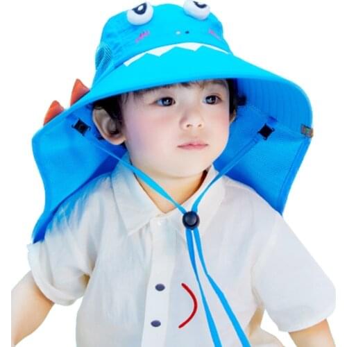 Kids Boys Girls UPF 50+ Sun Protection Bucket Hat with Neck Flap Cute Cartoon Animal Wide Brim Summer Sunscreen Mesh Vent