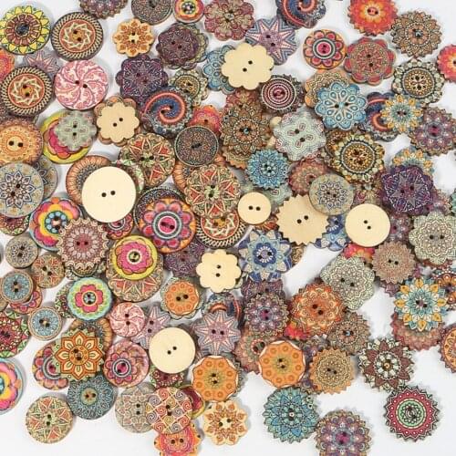 Multicolor Wooden Wafer Printing Flower Classic European Retro Pattern Series Buttons DIY Decorative Buttons jewelry