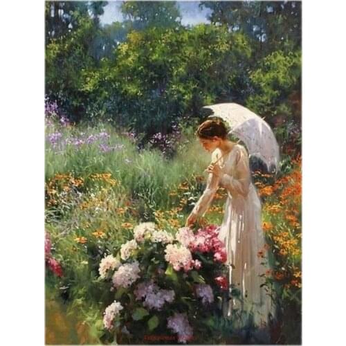Counted Cross Stitch Kits Needlework Embroidery - 14 ct Aida DMC Color DIY Arts Handmade Home Decor - Lady Enjoying Flowers