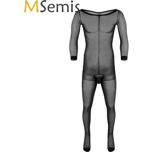 Sexy Mens Sheer Tights Body Lingerie Long Sleeves Closed Penis Sheath Bodystocking Sissy Gay Ultra-thin Pantyhose Hot Nightwear