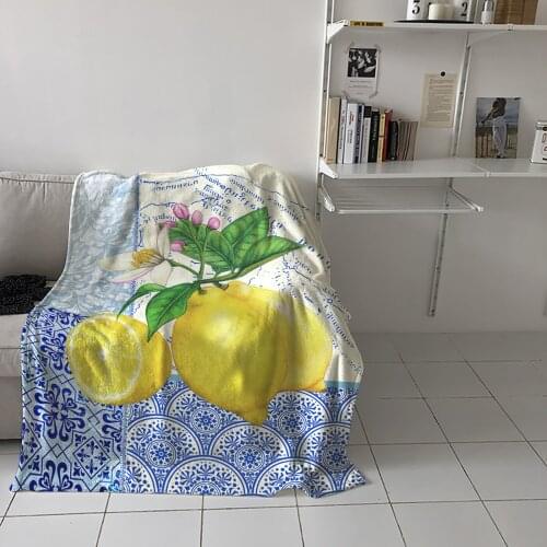 Blue And White Porcelain Texture Map Lemon Throw Blanket for Sofa Warm Blanket on Bed Home Bedspread Travel Fleece Blanket