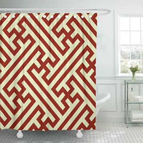Asian Traditional Japanese Saya Greek Fret Key Pattern Geometric Shower Curtain Waterproof Fabric 72 x 72 Inches Set with Hooks