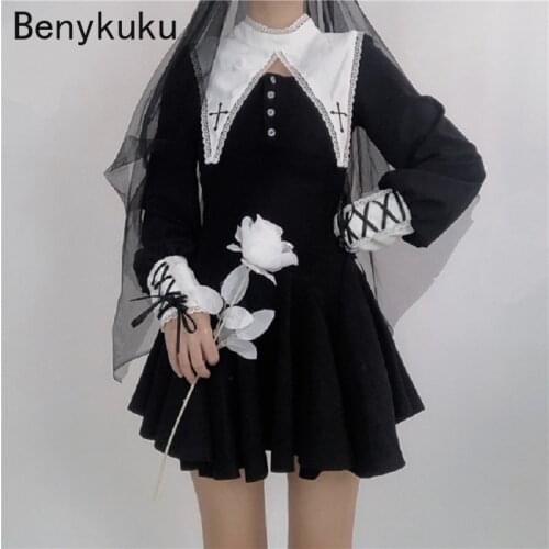 Harajuku Gothic Lolita Dress Women Victorian Lace Patchwork Black Long Sleeve Mini Dress Japanese Girls Kawaii Punk Party Dress