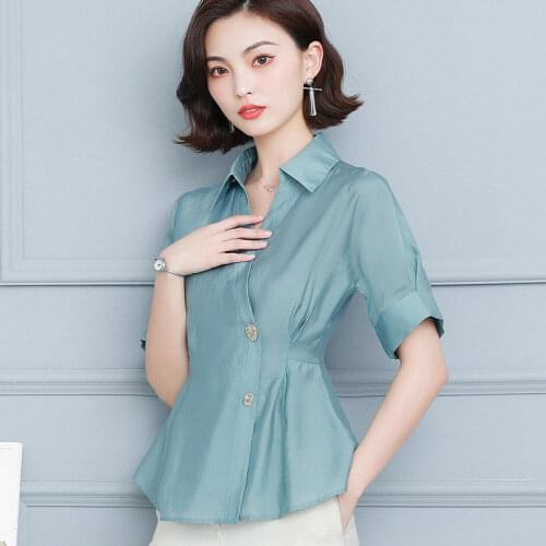 Womens Spring Summer Style Blouses Shirts Womens Turn-down Collar Solid Color Short Sleeve Button Korean Elegant Tops SP629