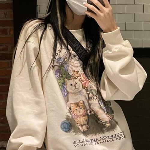 Harajuku Cartoon Cat Print WomenS Sports Pullover Fall Full Sleeve Loose Sweater Pullover Fall 2021 WomenS Clothing