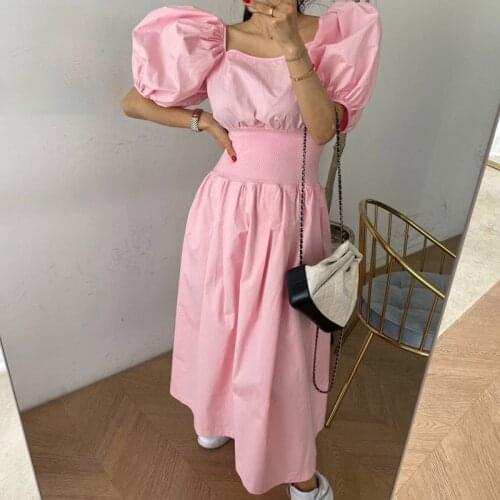 2021 New Summer Chic Runway Design Slim Elastic Waist Woman Dress Solid Bubble Short Sleeve Square Neck Lace Up Dresses