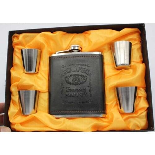 1SET Luxury Stainless Steel Leather Hip Flask Set Whiskey Flask Drink Mug with Box PU Leather Flagon With 4 Cups EJZ 1120