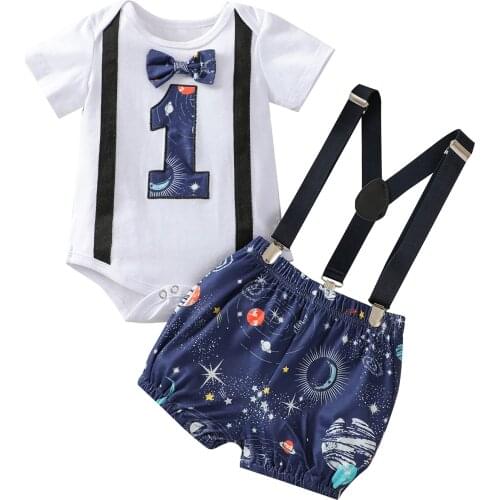 2 Pcs Infant Summer Outfits Toddler Cartoon & Number Pattern Short Sleeve Round Neck Romper with Bowknot + Overalls