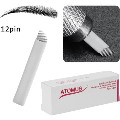 50pcs 12 Pin Blade Agulha Microblading Tattoo Needles Permanent Make Up Manual Eyebrow Tattoos Curved Blades Needle White Flexi