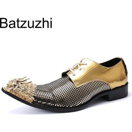 Batzuzhi New Mens Shoes Handmade Pointed Iron Toe Leather Dress Shoes Men Lace-up Formal Business/Party and Wedding Shoes Male