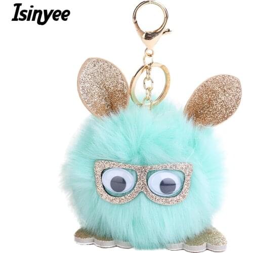 ISINYEE Cute Fluffy Owl Pom Pom KeyChains Handmade Women Leather Ear Faux Bunny Rabbit Fur Pompoms Keychain Holder Pluff Bag Car