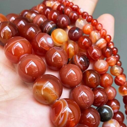Natural Stone Dark Orange Stripe Agates Onyx Beads Smooth Loose Spacer Beads For Jewelry Making DIY Wowen Bracelet 4 6 8 10 12mm