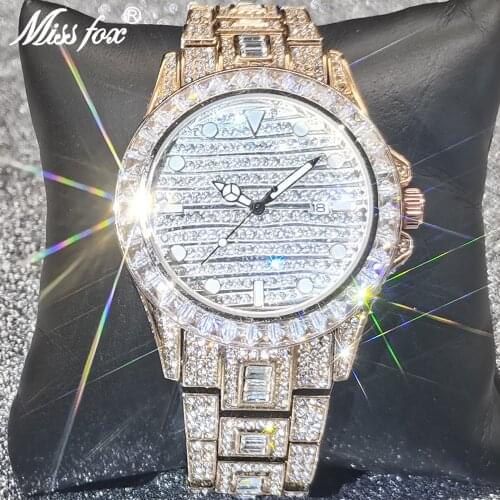MISSFOX Hip Hop Fully Iced Out Male Watch Stainless Steel Top Brand Luxury Waterproof Quartz WristWatch Trend Men Business Watch