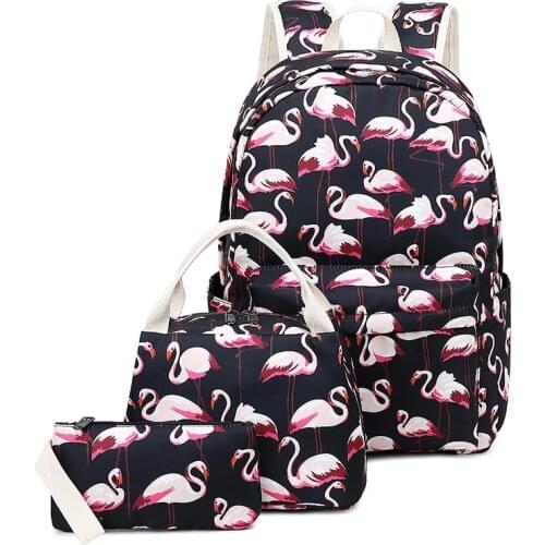 Children School Bags Student Backpack Fashion Women Backpack Nylon Waterproof Flamingo Print Backpack Girls School Bags 3pcs/set