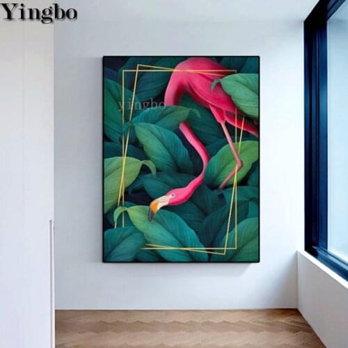 Diy 5D diamond painting full drill square round diamond embroidery mosaic Flamingo animal with green plant leaves decoracion art