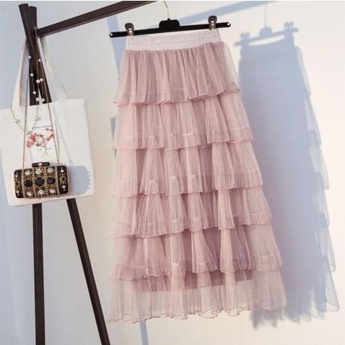 Fanco Lace Tulle Women Korean Fashion High Waist Elegant Long Maxi Skirt Female Black Pink Mesh Tiered Girl