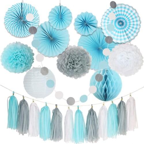 HAOCHU 24Pcs/Set Mix Size DIY White Gray Blue Tissue Paper Fan Paper Pom Pom Wedding Birthday Party Holiday Room Decor Supplies