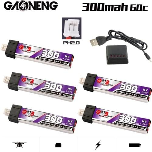 GNB HV Lipo Battery 1S 300mAh 60C/120C PH2.0 for US65 UK65 Inductrix Beta65S URUAV UR65 Mobula 7 Tiny Whoop Drone and Charger