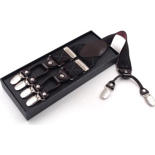 Men Black Plaid Y-Shape Suspender With Non-Slip 6 Clips Elastic Adjustable Brace