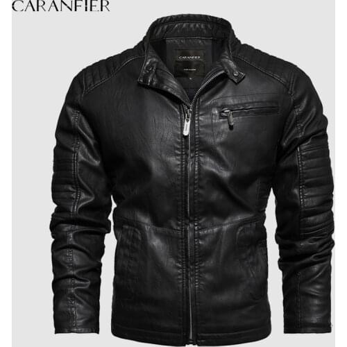 CARANFIER Men Leather Jackets Male Faux Fur Motorcycle Coats Racer Fleece Lined Mens PU Outerwear Clothing Chaquetas Hombre