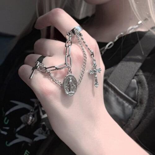 2021 Retro Punk Hip Hop Cross Ring Finger Chain Adjustable Two Link Ring Jewelry Mens Womens Gothic Jewelry Adjustable Rings