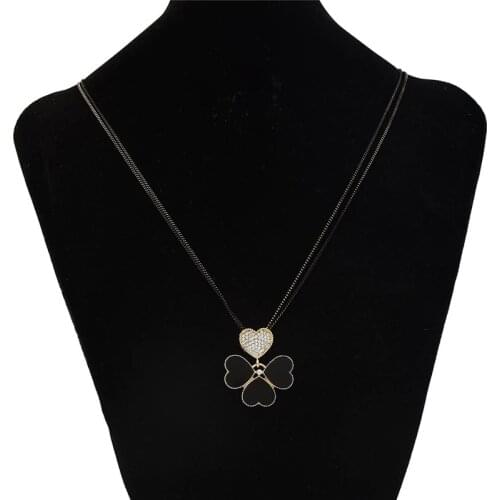 Trendy Zircon Clover Black Pendant Necklace For Women Jewelry Fashion Double Layer Long Sweater Chain Female Party Accessories