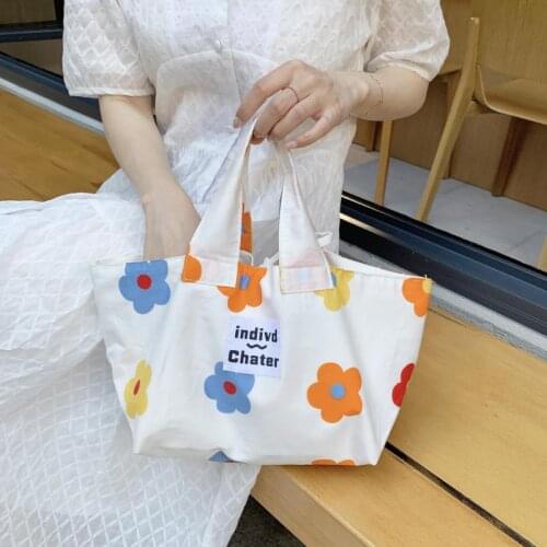 Portabel Canvas Lunch Bag Women Retro Small Handbag Embroidery Floral Lunch Box Bag Children Meal Pouch Picnic Food Storage Bags