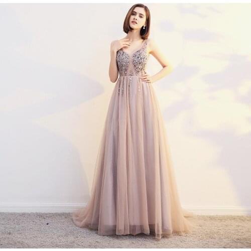 2020 New Luxury Long Evening Dress Sexy V-neck Backless Sequins Beading High-split Tulle Prom Gown Custom Party Formal Dresses