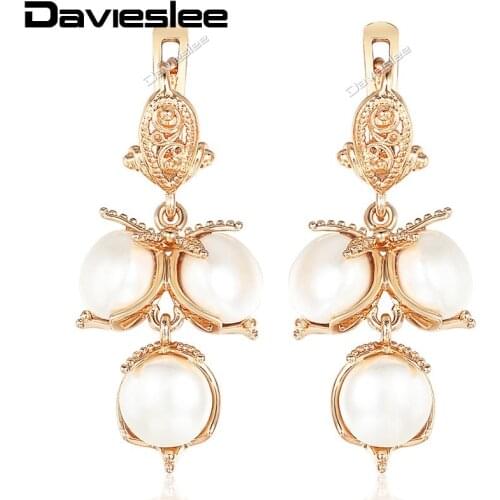 Davieslee Drop Earrings for Women Leaf Simulated Pearl 585 Rose Gold Filled Jewelry Womens Earring Fashion LGE110