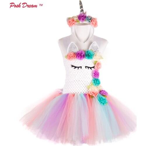 POSH DREAM Easter Flower Unicorn Kids Girls Tutu Dresses for Halloween Cosplay Party Cartoon Flower Children Girls Clothes