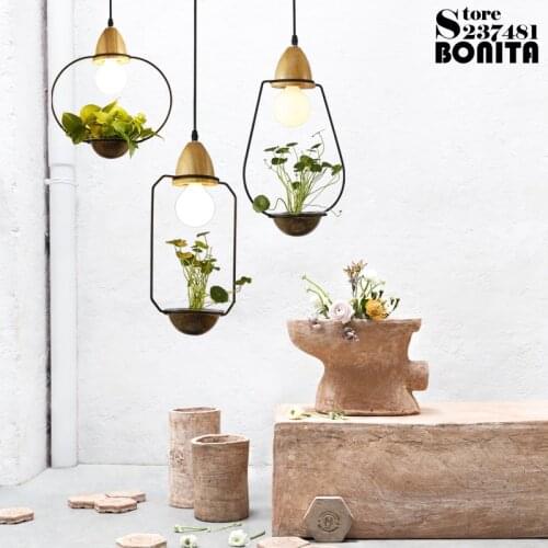 Potted Plants Led Pendant Lights Simple Rural Flower And Grass Cord Pendant Lamp Glass Plant Droplight Iron