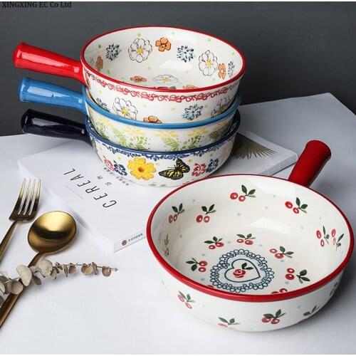 Japanese Creative Hand-painted Ceramic Baking Bowl Fruit Salad Bowl Handle Bowl Oven Special Bowl Baked Rice Bowl Plant Flowers
