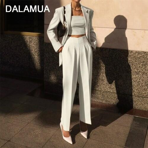 Women Suit Pants Straight Elastic High Waist Solid White Office Lady Elegant Vintage 2021 Ankle-Length Female Tailored Trousers