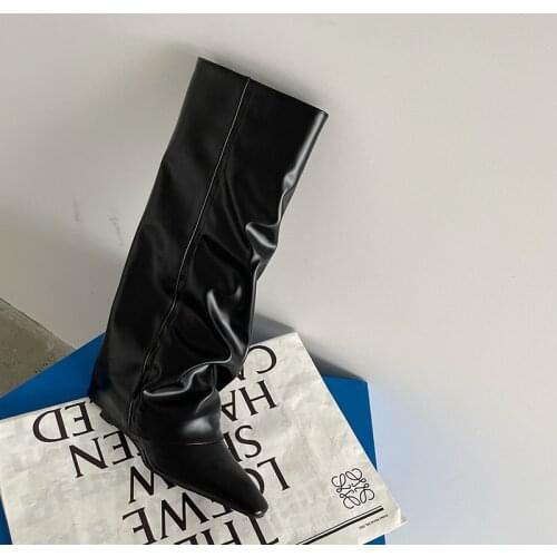 Woman Cool Black Thigh Knee High Boots Pointed Toes with Side Zippers Boots Flat Heel Patent Leather Shoes