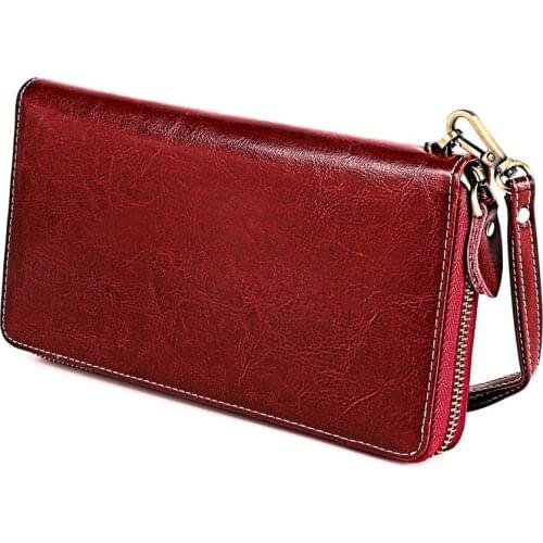 RFID Design Women Clutch Wallets Genuine Leather Womens Long Wallet Zipper Coin Purse Crazy Horse Cowskin Money Phone Bag