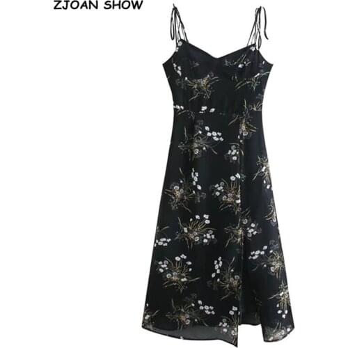 2021 French Summer Black Grass Floral Print Bandage Spaghetti Strap Midi Dress Retro Sexy Women Lacing Up Sling Slit Vestido