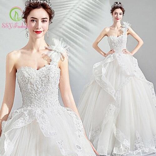 SSYfashion One Shoulder Lace Up Back Floor-Length Ball Gown Appliques White Wedding Dress Bridal Dresses Vestido De Novia