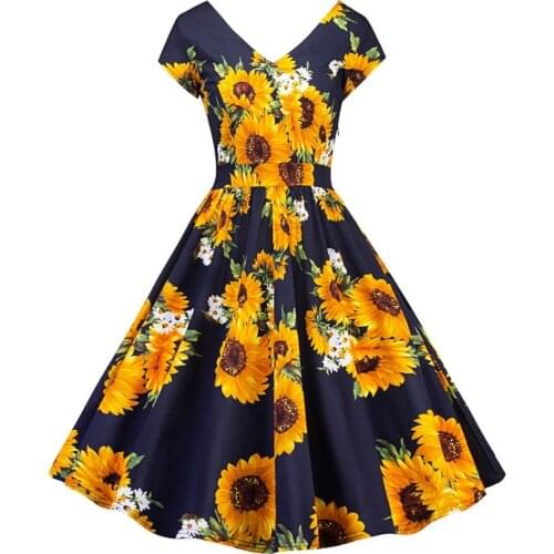 Summer Sunflower Dress Women Robe Vintage V Neck Short Sleeve Elegant Party 1960s Feminino Vestidos Print Retro Rockabilly Dress