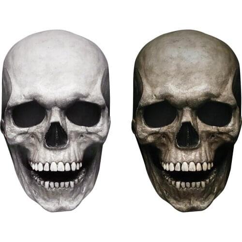 2PC Horror Decoration Full Head Skull Mask/Helmet Movable Jaw Halloween Cosplay Scary Skeleton Latex Masks Skull Helmet Props