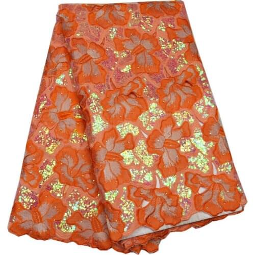 5yards/pc) high quality orange color African organza fabric fantastic sequins embroidered handcut lace for party dress OP36