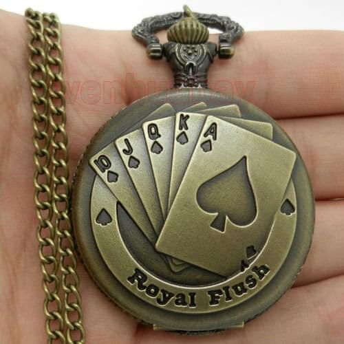 Antique Bronze Royal Flush Poker Cards Pocket Watch Necklace Chain Xmas Gift P80