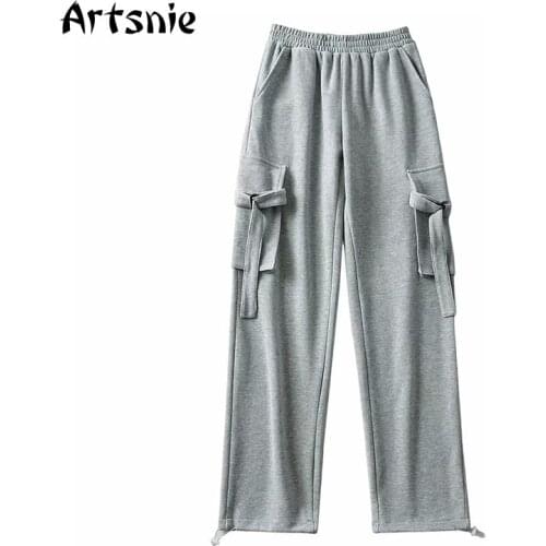 Artsnie Streetwear Pockets High Waist Wide Leg Pants Women Knitted Gray Trousers Sweatpants Vintage Winter Long Pants Femme