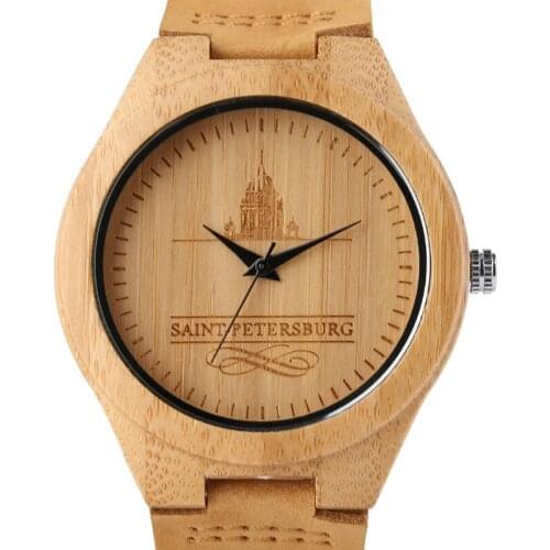 Bamboo Natural Wood Men Watch Minimalist Quartz Watches Genuine Leather Strap Casual Sports Clock St. Petersburg Exquisite Gift