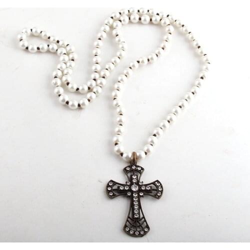 RH Fashion Bohemian Tribal Jewelry 8mm Glass Peatl Long Knotted Metal Cross Pendant Necklaces