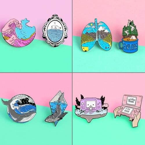 Game Forest Explore Enamel pin Grey whale Earth lung forest Explore badge brooch Pink wave Mirror Shirt bag lapel pin jewelry
