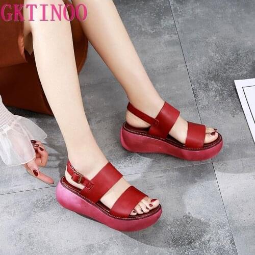 GKTINOO Genuine Leather Women Sandals 2020 Retro Summer Shoes Platform Wedges Heels Sandals Soft Leather Women Shoes Handmade
