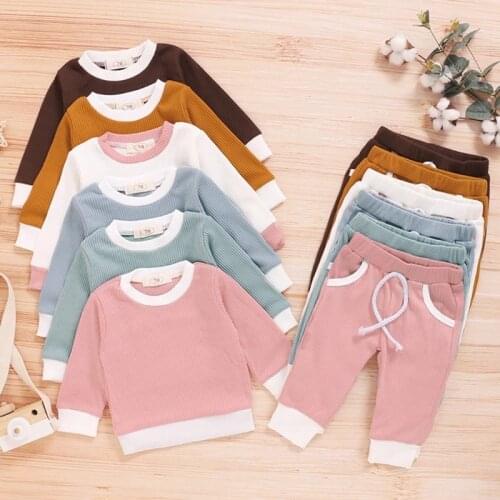 2Pcs Fashion Baby Girls Boys Clothes Set Ribbed Cotton Casual Homewear Long Sleeve Tops+Pants Toddler Infant Outfit Sleepwear