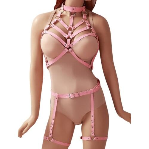 Pink Leather Harness Set Body Bondage Holloew Out Cage Bra Sexy Lingerie Harajuku Goth Adjust Bra Club Party Dance Festival Rave